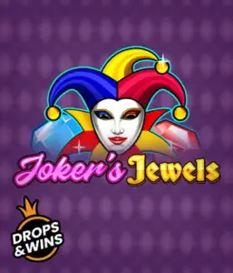 Discover the playful ambiance of the Joker's Jewels game by Pragmatic Play, featuring a charming joker's mask embellished with a brightly colored jester hat. This graphic evokes the light-hearted fun of traditional joker games, set against a purple background. Perfect for fans of joker-themed slots, promising a thrilling play experience. 